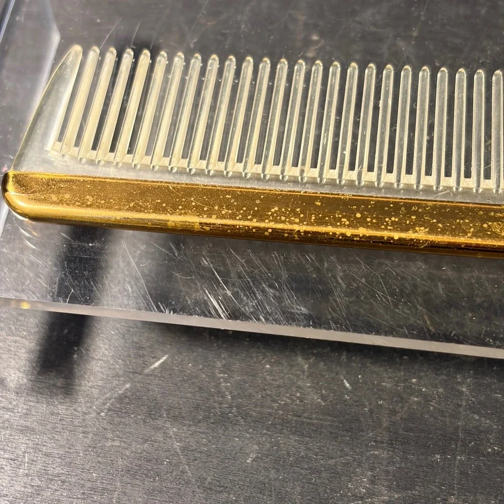 Vintage Lucite Hair Comb Gold Tone Metal Spine Clear Acrylic Made in USA 7 Inch